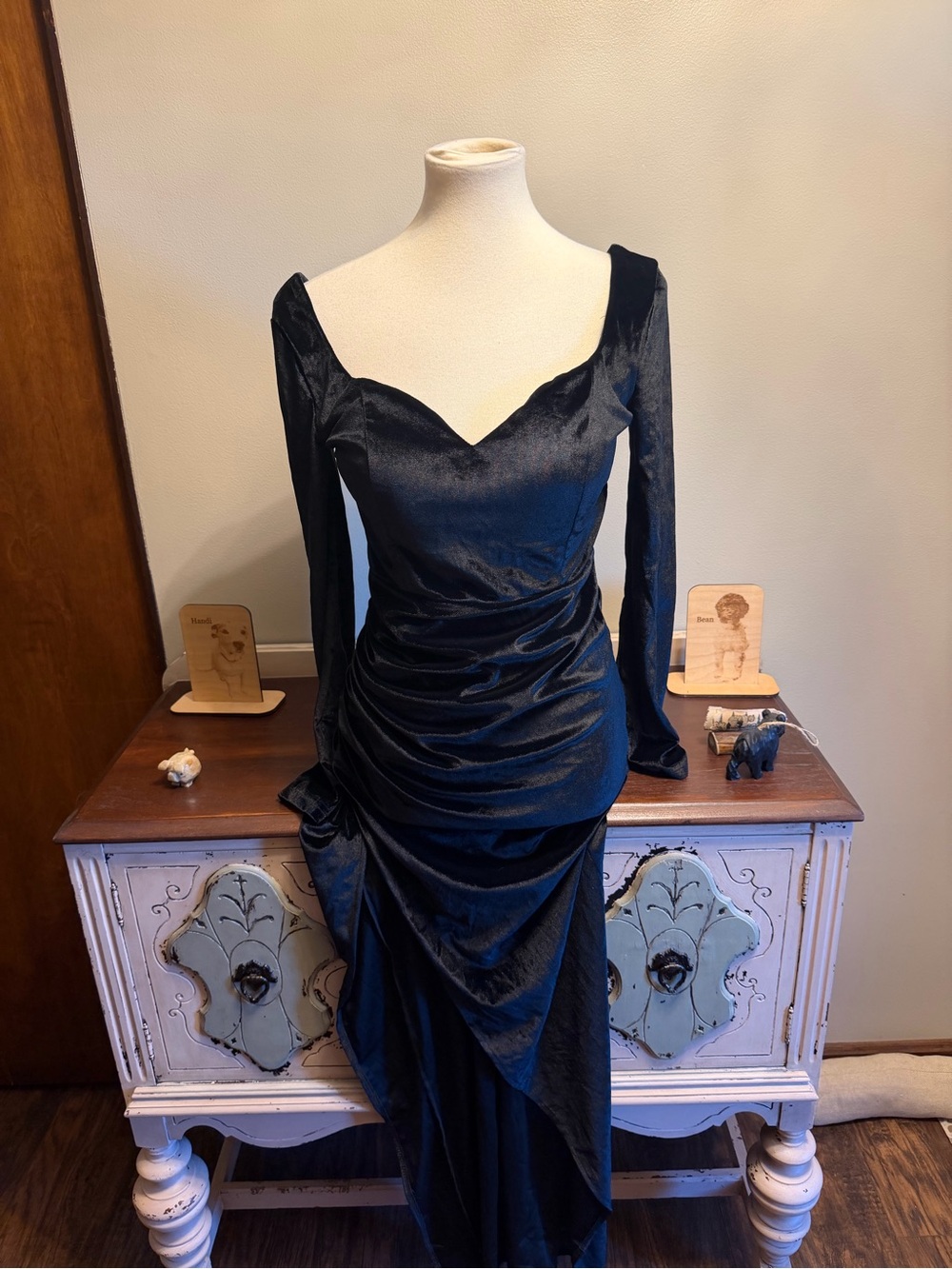 Black Velvet-like long sleeve dress with high slit
